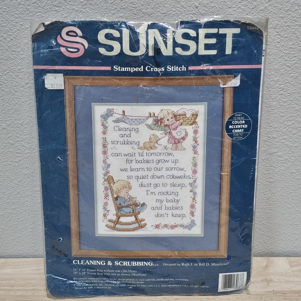 1994 Dimensions Sunset "Cleaning and Scrubbing" Stamped Cross Stitch Kit 13068